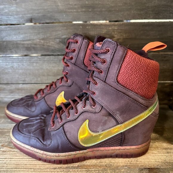Womens Nike Dunk Super Sky Hi Burgundy Leather Casual Wedges Sneakers‎ Size 8 M - Picture 2 of 6